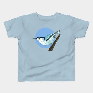 White Breasted Nuthatch on Blue Kids T-Shirt